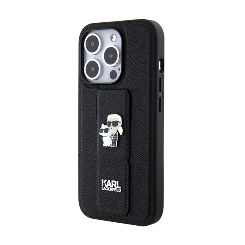 Karl Lagerfeld Gripstand Saffiano Karl & Choupette Pins – dėklas, skirtas iPhone 14 Pro (juodas)