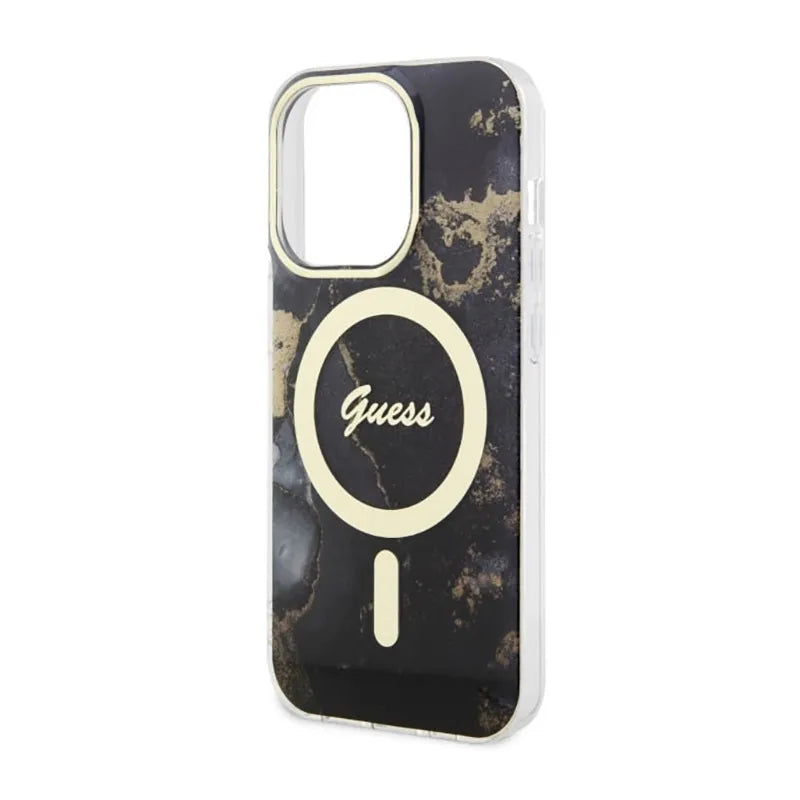 Guess Golden Marble MagSafe - Dėklas iPhone 14 Pro (Juodas)