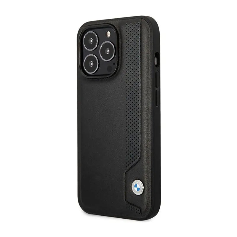 BMW Leather Blue Dots – dėklas iPhone 14 Pro Max (juodas)