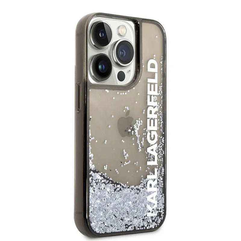Karl Lagerfeld Liquid Glitter Translucent Elongated Logo dėklas - dėklas iPhone 14 Pro (juodas)