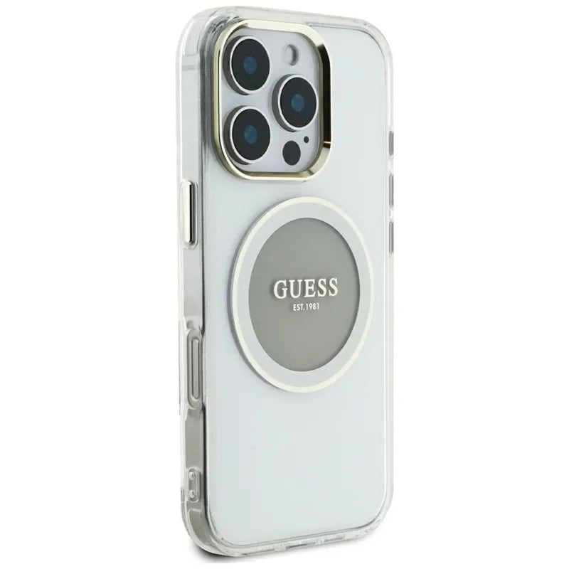 „Guess IML Metal Colored Circle Classic Logo MagSafe“ – dėklas, skirtas „iPhone 16 Pro Max“ (pilkas)