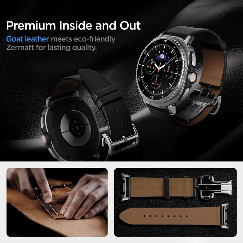 Spigen Enzo – natūralios odos dirželis Samsung Galaxy Watch 8 / 8 Classic 40 / 44 / 46 mm (juodas)