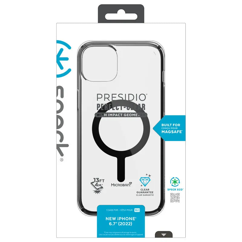 Speck Presidio Perfect-Clear su Impact Geometry® + MagSafe – dėklas, skirtas iPhone 15 Plus / 14 Plus su MICROBAN danga (skaidrus / juodas)