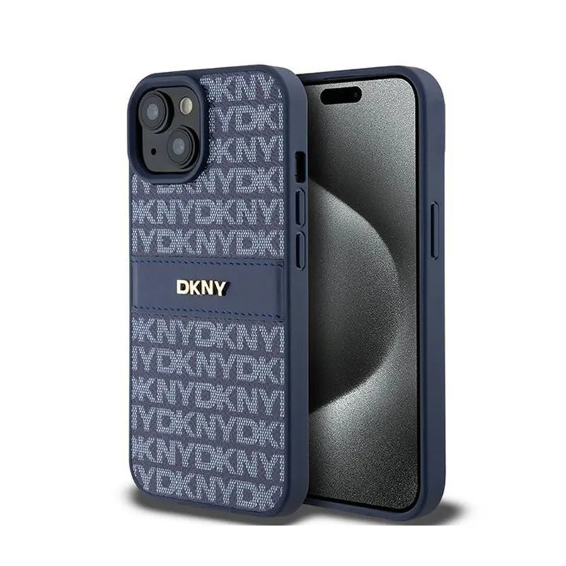DKNY Leather Mono Stripe & Metal Logo - dėklas, skirtas iPhone 15 / 14 / 13 (mėlynas)