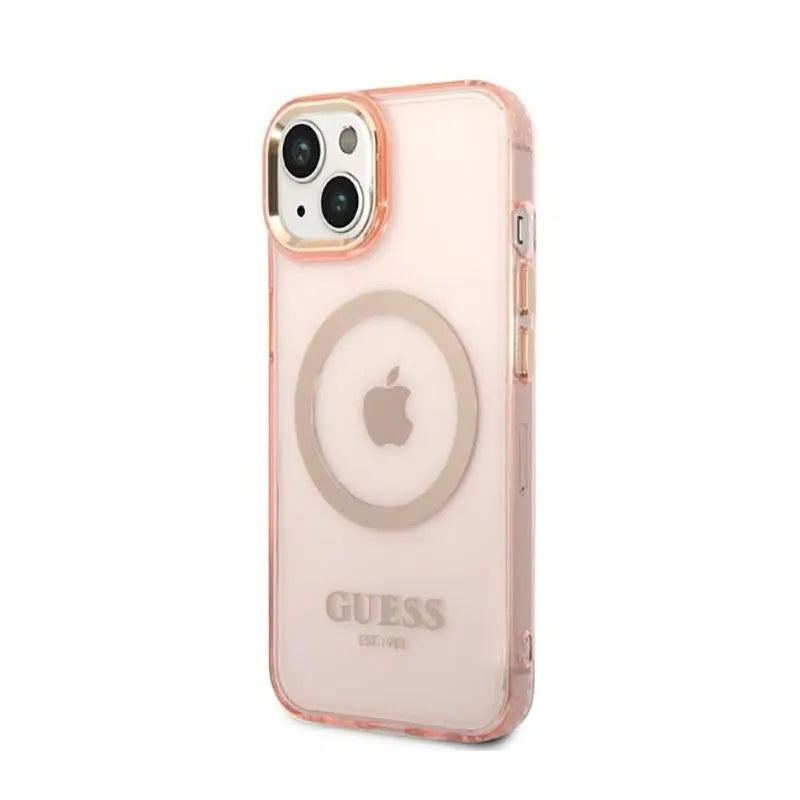 Guess Gold Outline Translucent MagSafe – dėklas iPhone 14 Plus (rožinis)