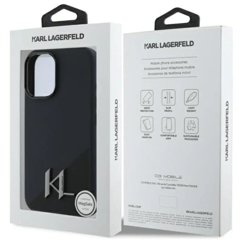 Karl Lagerfeld Silicone Shadow Metal Initial MagSafe – dėklas, skirtas iPhone 16 (juodas)
