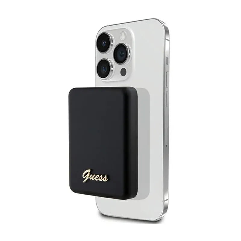 Guess Metal Script Logo MagSafe – 3000 mAh 5W MagSafe indukcinis maitinimo blokas (juodas)