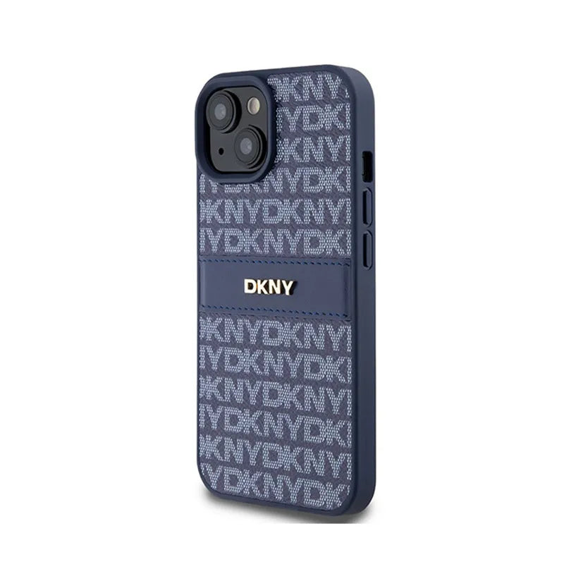 DKNY Leather Mono Stripe & Metal Logo - dėklas, skirtas iPhone 15 / 14 / 13 (mėlynas)