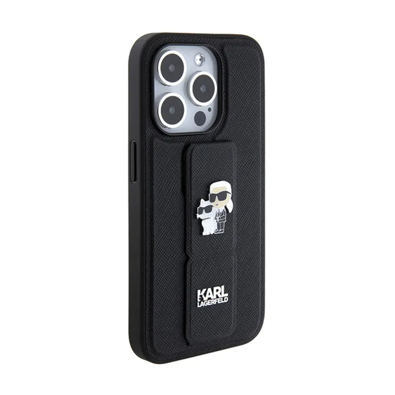 Karl Lagerfeld Gripstand Saffiano Karl & Choupette Pins – dėklas, skirtas iPhone 14 Pro (juodas)