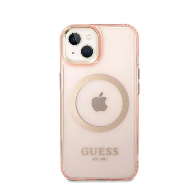 Guess Gold Outline Translucent MagSafe – dėklas iPhone 14 Plus (rožinis)