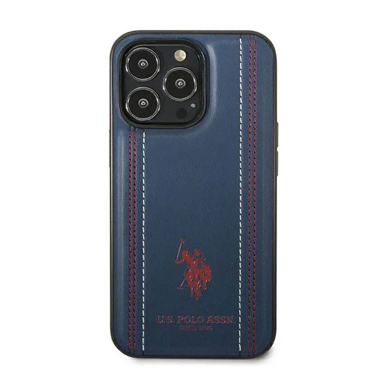 US Polo Assn Leather Stitch – dėklas iPhone 14 Pro Max (tamsiai mėlynas)