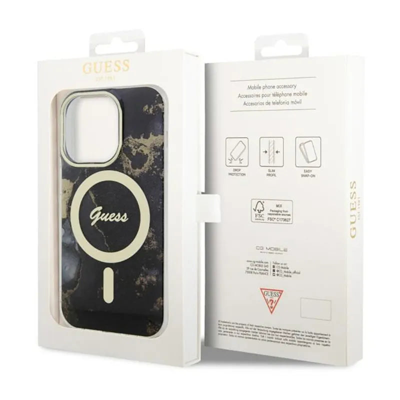 Guess Golden Marble MagSafe - Dėklas iPhone 14 Pro (Juodas)