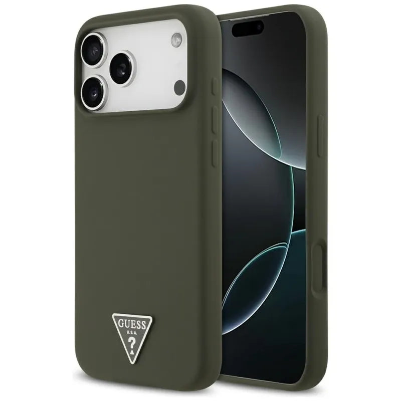 Guess Silicone Triangle Logo MagSafe – dėklas iPhone 17 Pro Max (chaki)