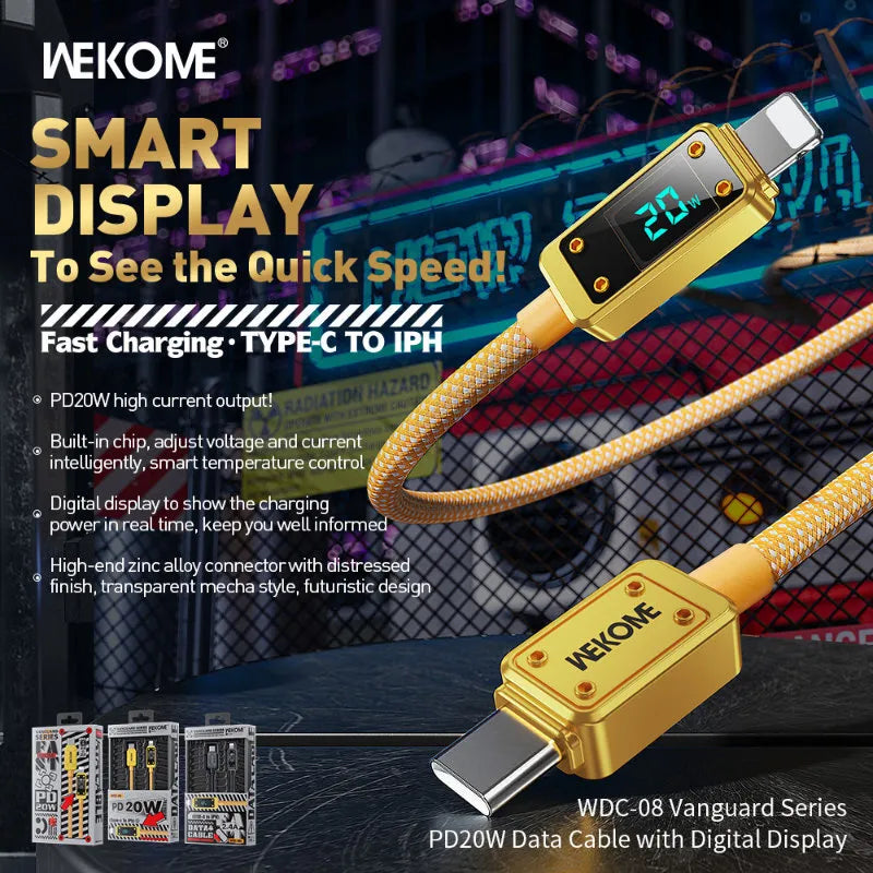 WEKOME WDC-08 Vanguard Series – USB-C į Lightning greitojo įkrovimo PD 20W 1m jungiamasis laidas (tamsiai pilkas)