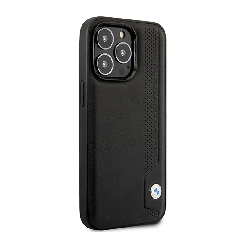 BMW Leather Blue Dots – dėklas iPhone 14 Pro Max (juodas)