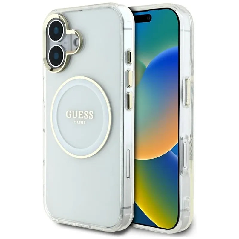 Guess IML Metal Colored Circle Classic Logo MagSafe – dėklas iPhone 16 (baltas)