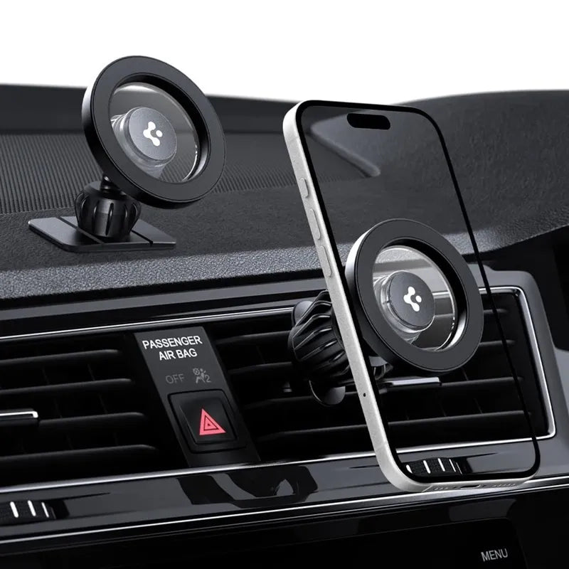 Spigen MFT13 magnetinis automobilinis laikiklis prietaisų skydeliui ir ventiliacijos grotelėms – „MagSafe“ magnetinis laikiklis (juodas)