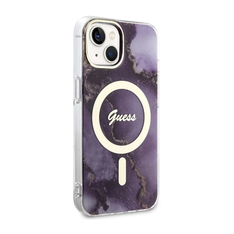Guess Golden Marble MagSafe - Dėklas iPhone 14 (Violetinis)