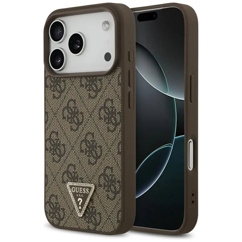 „Guess Leather 4G Triangle Strass MagSafe“ – dėklas „iPhone 17 Pro“ (rudas)