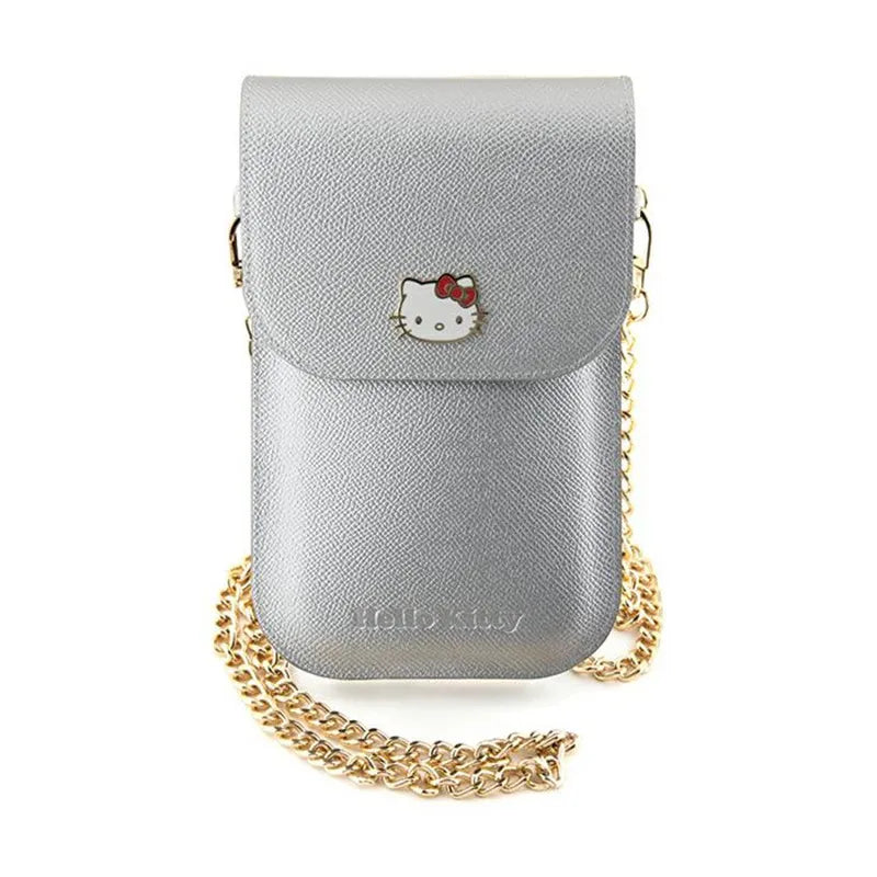 Hello Kitty odinis metalinis logotipo grandinėlės krepšys per petį (sidabrinis)