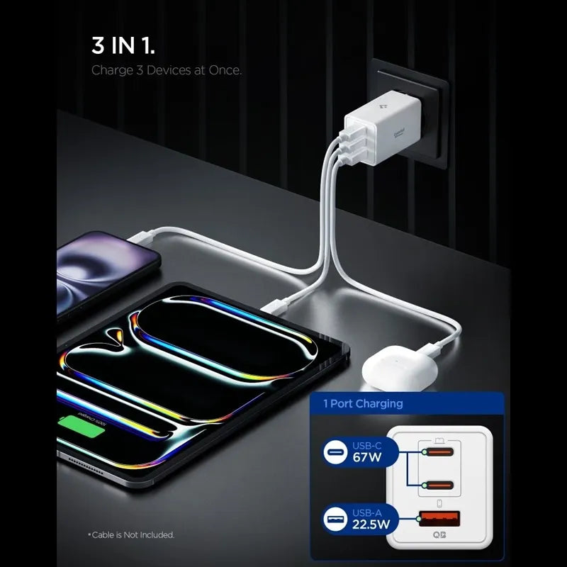 Spigen Essential EE673EU GaN Pro – Sieninis įkroviklis 2x USB-C + USB-A 67W (baltas)