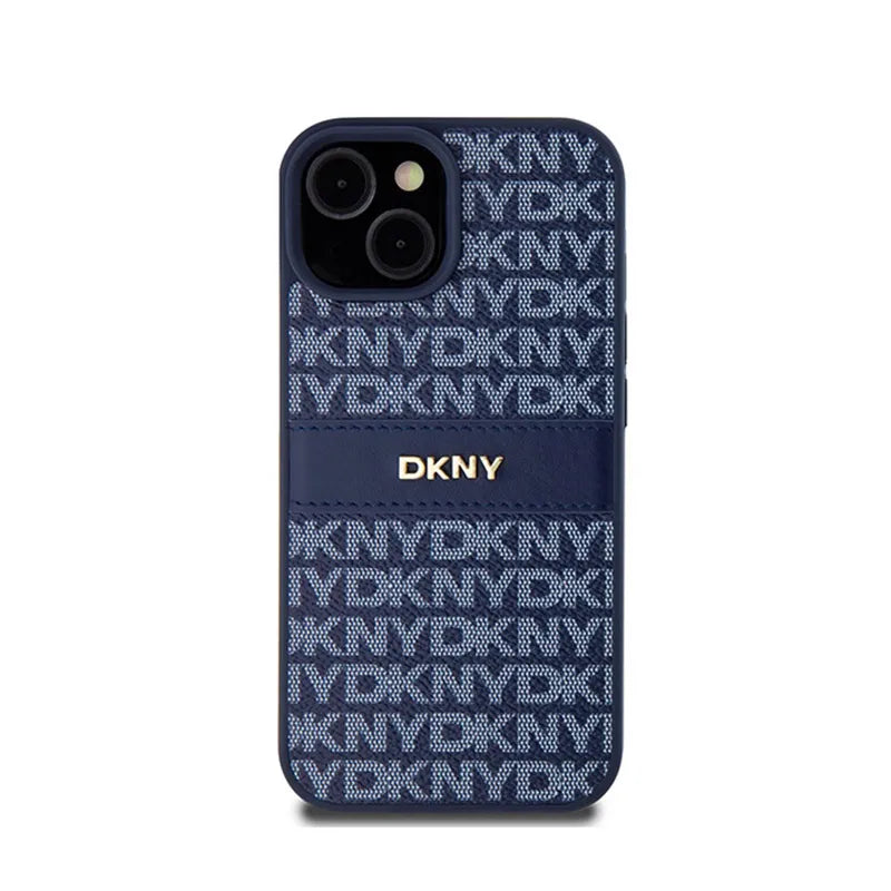 DKNY Leather Mono Stripe & Metal Logo - dėklas, skirtas iPhone 15 / 14 / 13 (mėlynas)
