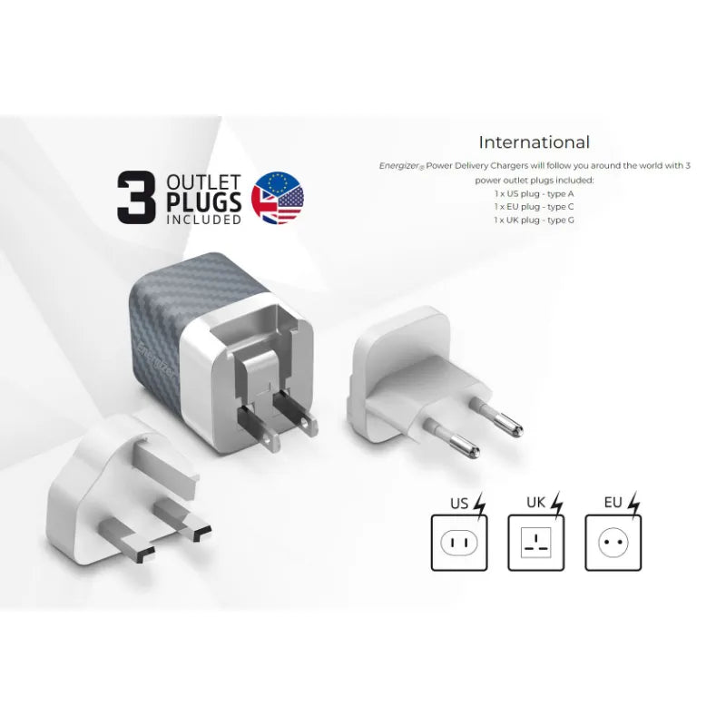 Energizer Ultimate – universalus tinklo įkroviklis GaN 38W PD + QC3.0 su ES / JK / JAV adapteriais (sidabrinis)