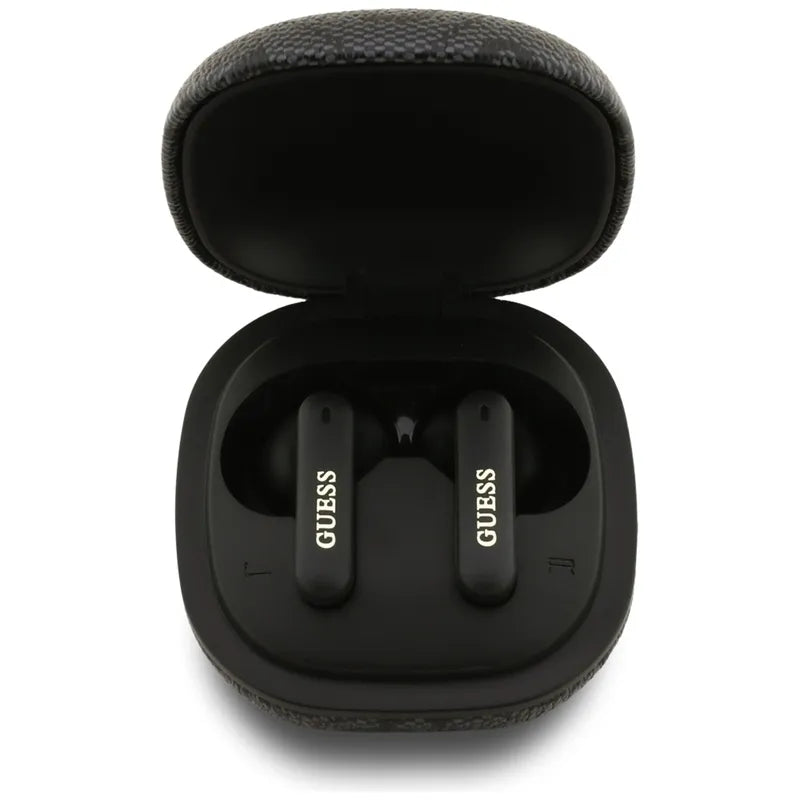 Guess 4G Classic Metal Logo – Bluetooth TWS ENC ausinės + įkrovimo dėklas (juodos)