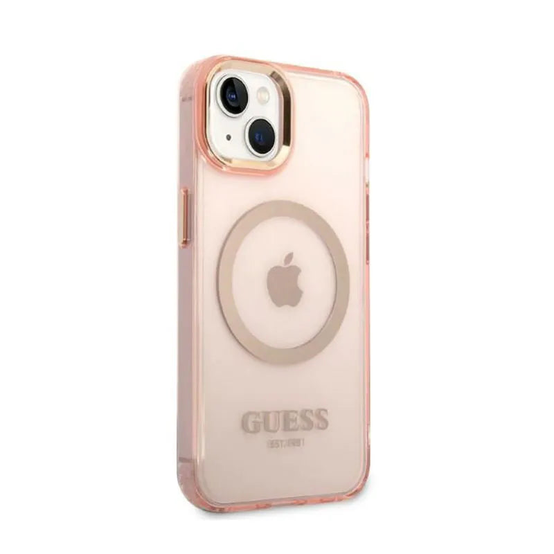 Guess Gold Outline Translucent MagSafe – dėklas iPhone 14 Plus (rožinis)
