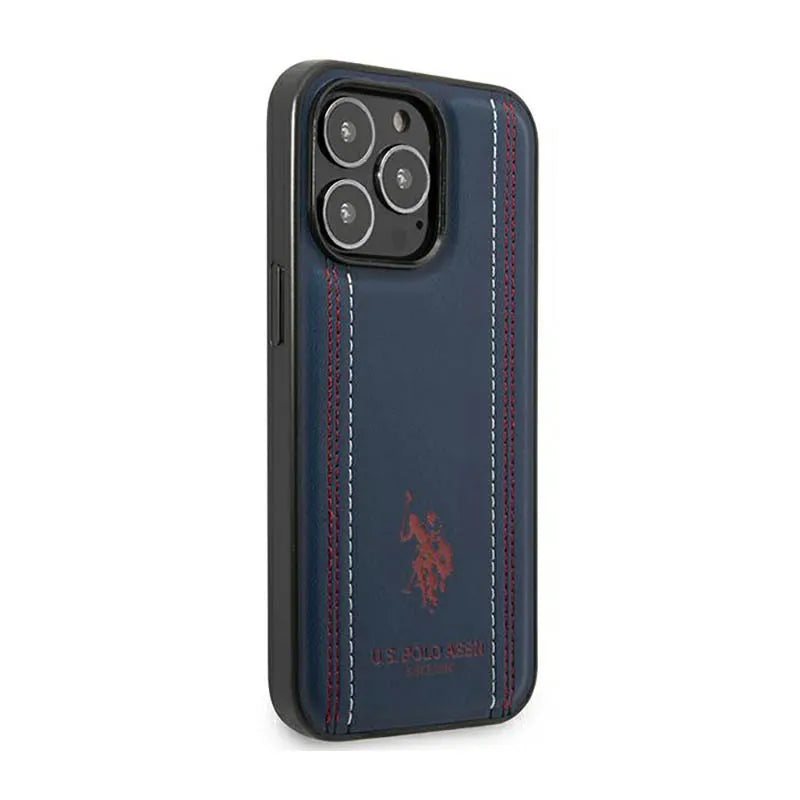US Polo Assn Leather Stitch – dėklas iPhone 14 Pro Max (tamsiai mėlynas)