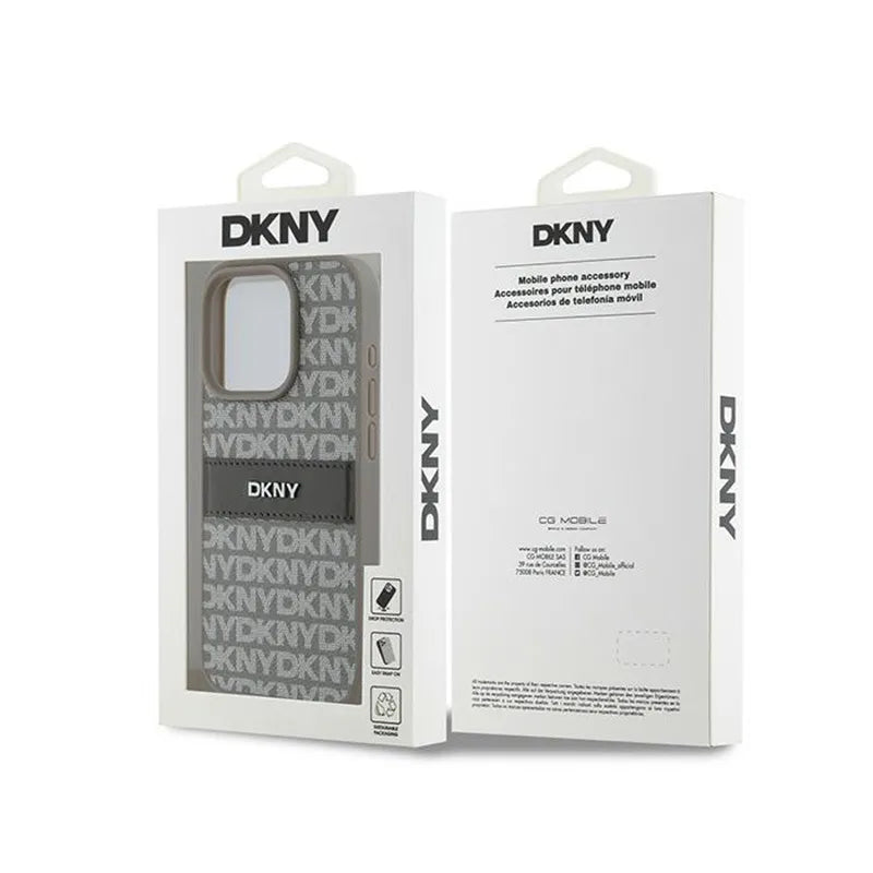 DKNY Leather Mono Stripe & Metal Logo – dėklas iPhone 15 Pro telefonui (smėlio spalvos)