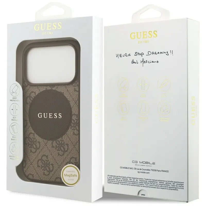 Guess 4G Circle Classic Logo MagSafe – Dėklas iPhone 17 Pro (Rudas)