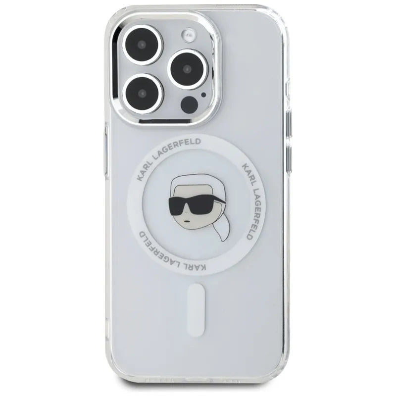 Karl Lagerfeld IML Metal Karl Head MagSafe – dėklas iPhone 15 Pro Max (baltas)