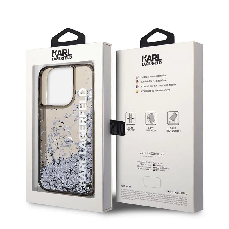 Karl Lagerfeld Liquid Glitter Translucent Elongated Logo dėklas - dėklas iPhone 14 Pro (juodas)