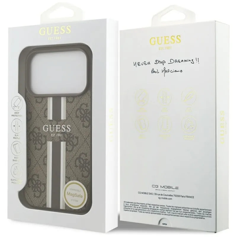 Guess 4G Printed Stripes MagSafe – Dėklas iPhone 17 Pro (rudas)