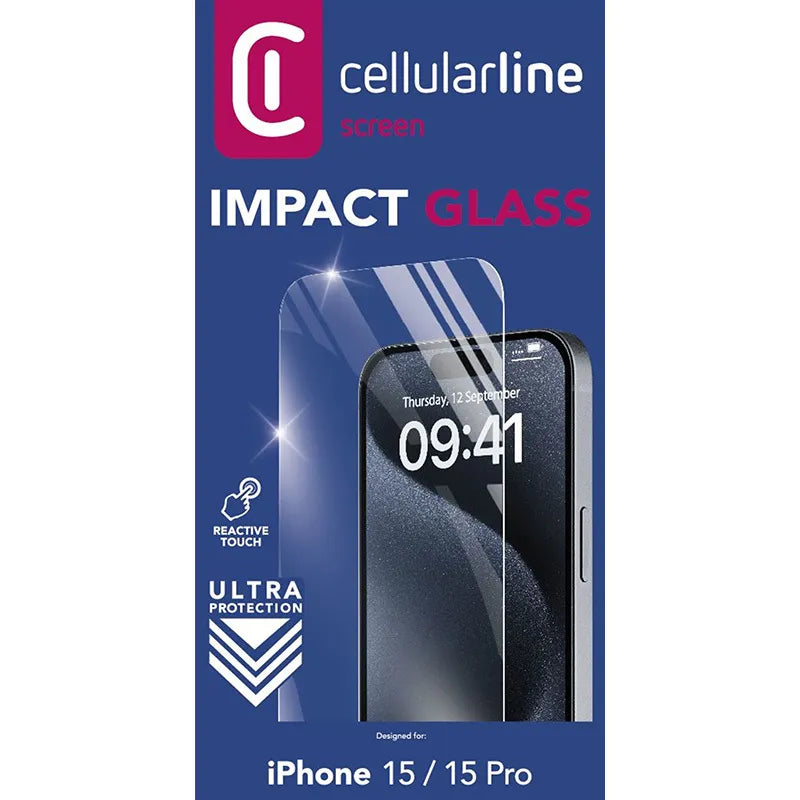 Cellularline Impact Glass – Grūdintas apsauginis stiklas, skirtas iPhone 15 / iPhone 15 Pro