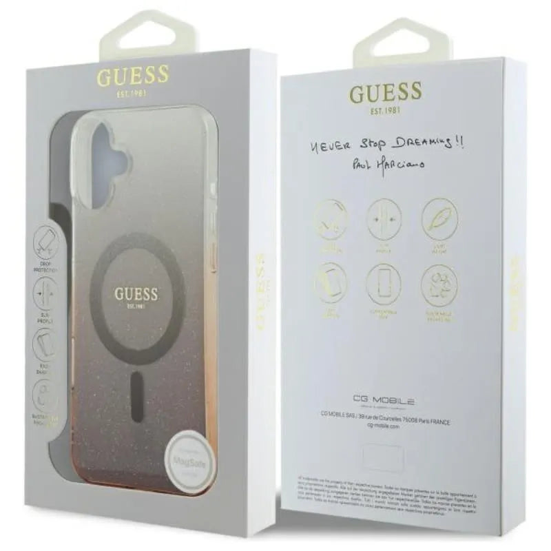 Guess IML Glitter Gradient MagSafe – dėklas iPhone 16 Plus (rudas)