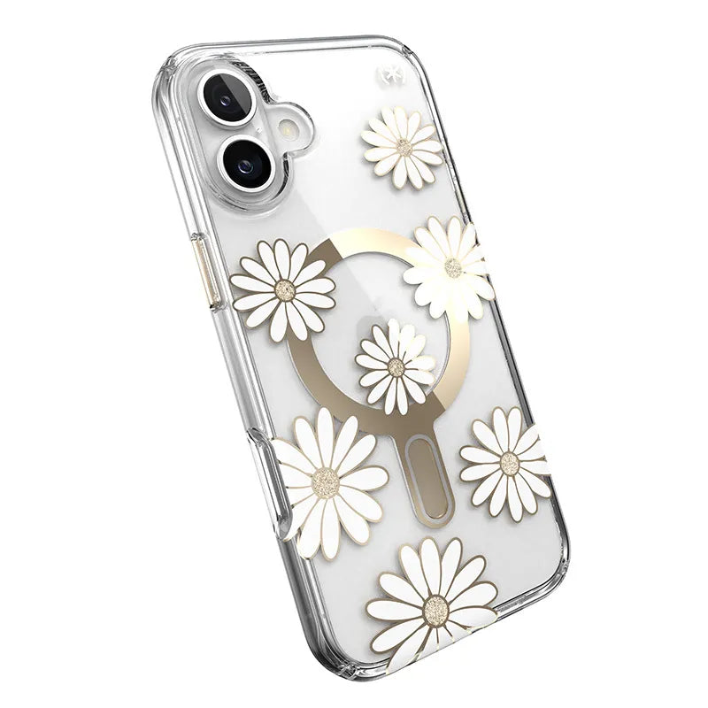 Speck Presidio Lux ClickLock & MagSafe - iPhone 16 Plus dėklas (Sunshine Daisies / Skaidrus / Auksinis)