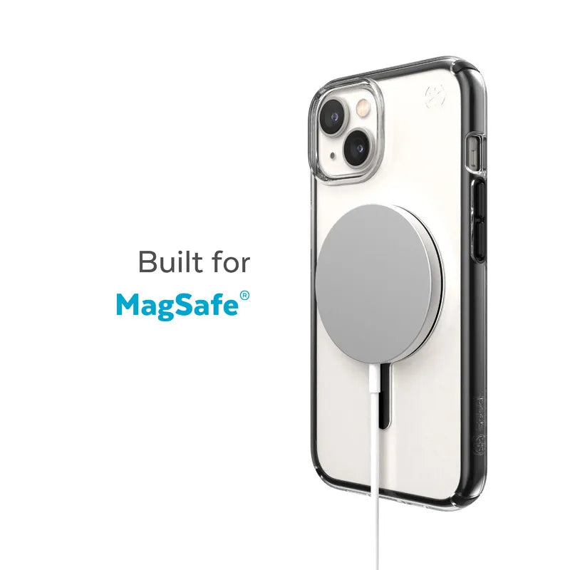 Speck Presidio Perfect-Clear su Impact Geometry® + MagSafe – dėklas, skirtas iPhone 15 Plus / 14 Plus su MICROBAN danga (skaidrus / juodas)