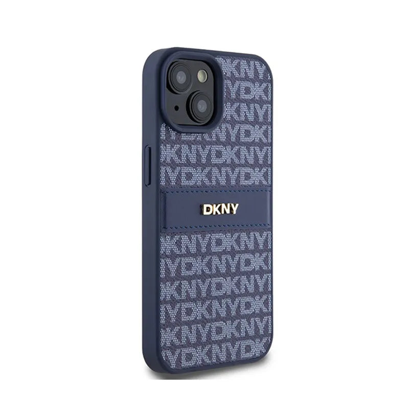 DKNY Leather Mono Stripe & Metal Logo - dėklas, skirtas iPhone 15 / 14 / 13 (mėlynas)