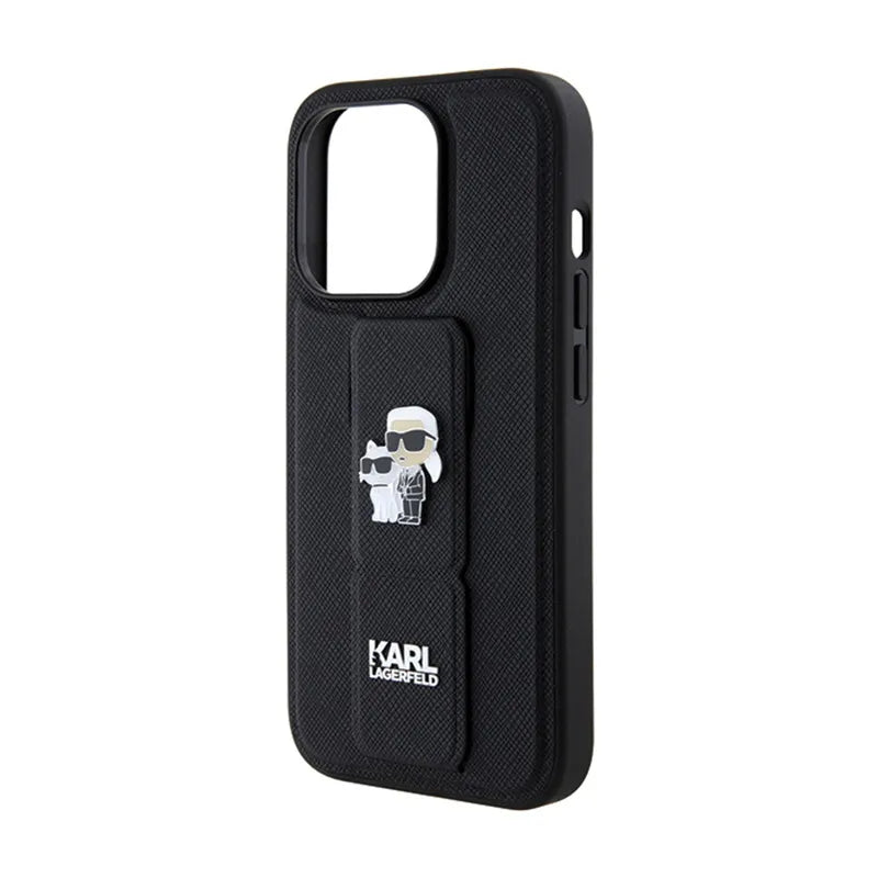 Karl Lagerfeld Gripstand Saffiano Karl & Choupette Pins – dėklas, skirtas iPhone 14 Pro (juodas)