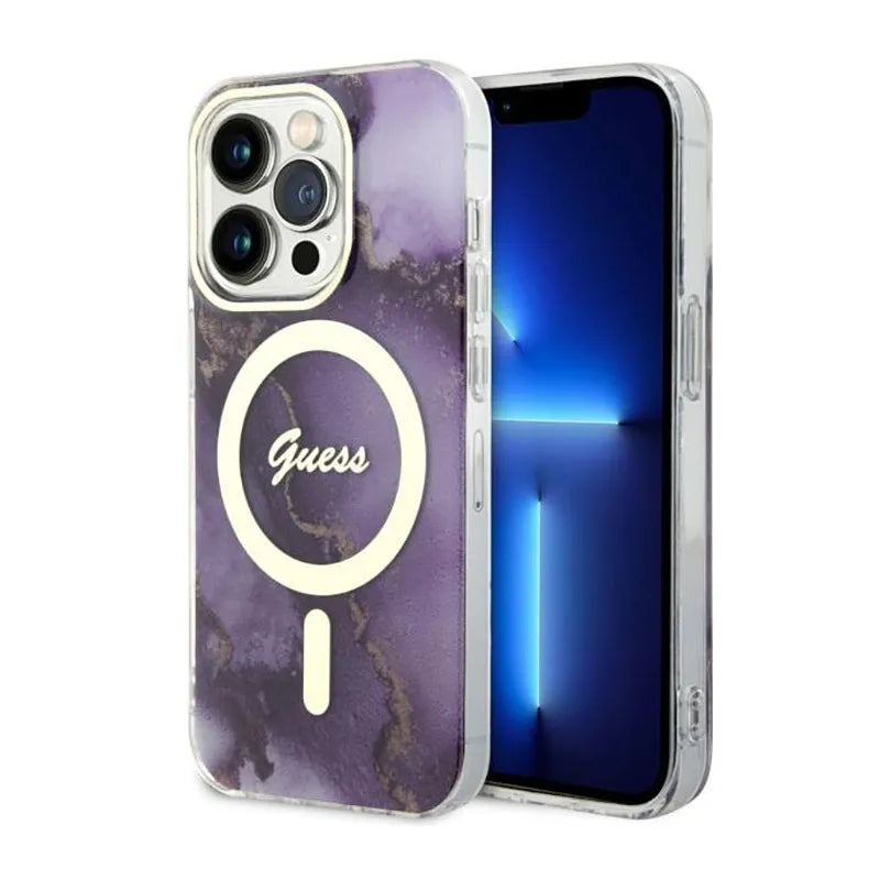Guess Golden Marble MagSafe – dėklas iPhone 14 Pro (violetinis)