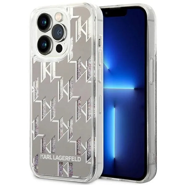 Karl Lagerfeld Monogram Liquid Glitter – dėklas iPhone 14 Pro (sidabrinis)