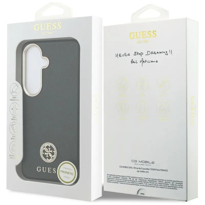 Guess Rhinestone Round Logo MagSafe – dėklas Samsung Galaxy S26 (juodas)