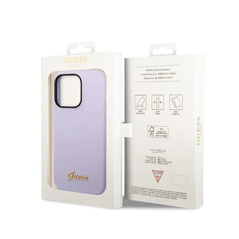 Guess Silicone Vintage – Dėklas iPhone 14 Pro (Violetinis)