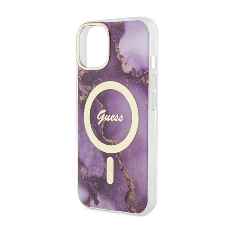 Guess Golden Marble MagSafe - Dėklas iPhone 14 (Violetinis)