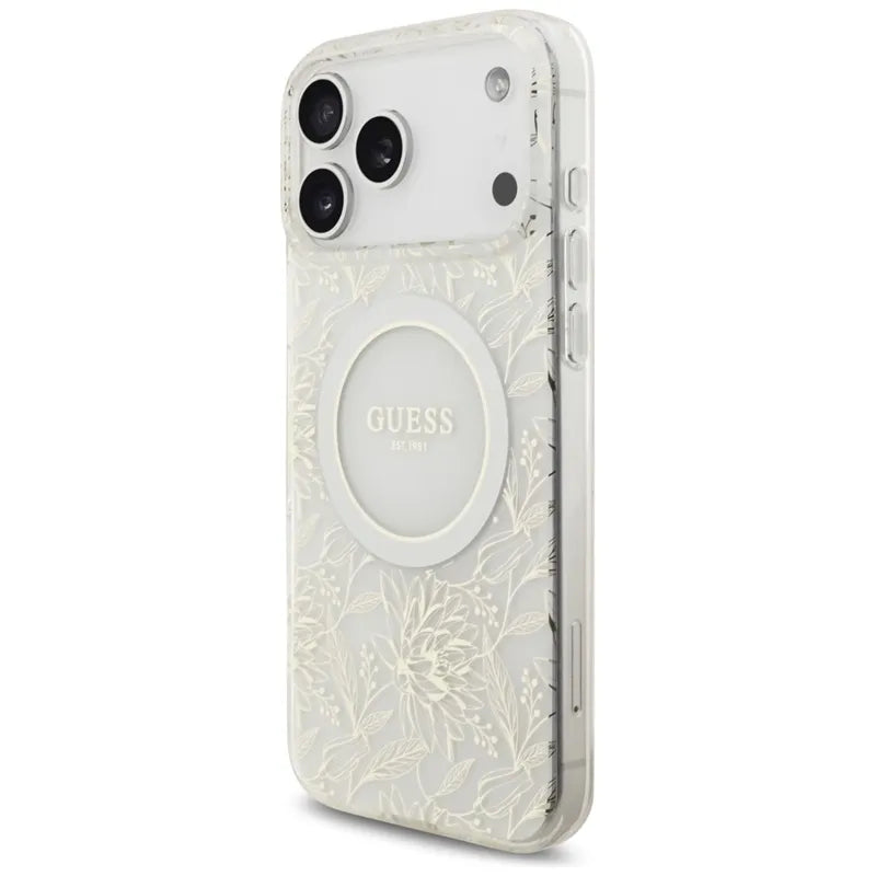 Guess IML Flowers Electro Pearl Strap MagSafe – Dėklas iPhone 17 Pro Max (baltas)