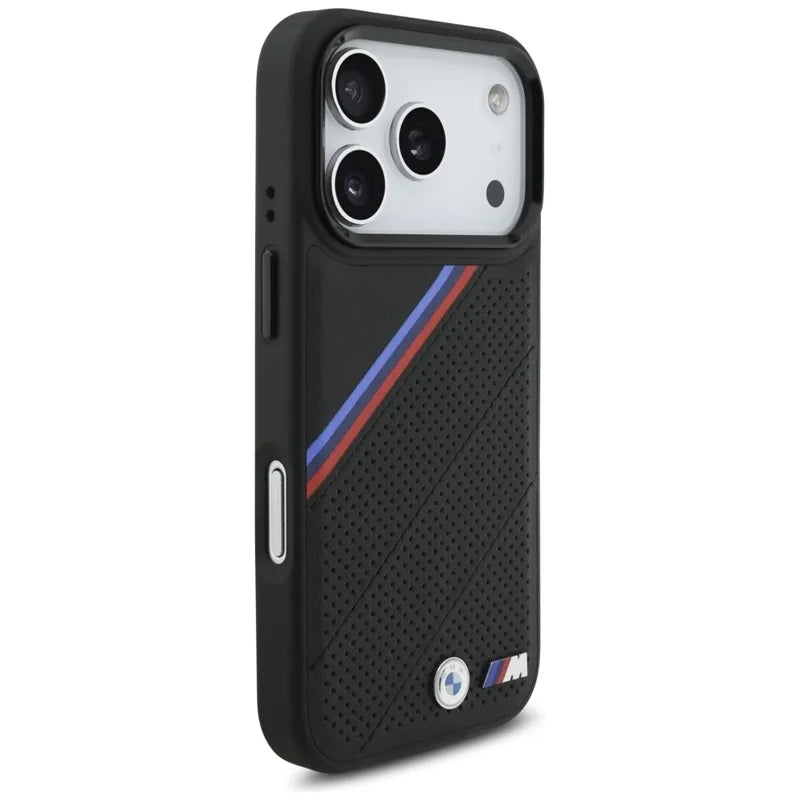 BMW M Tricolor Metal Logo MagSafe – „iPhone 17 Pro“ dėklas (juodas)