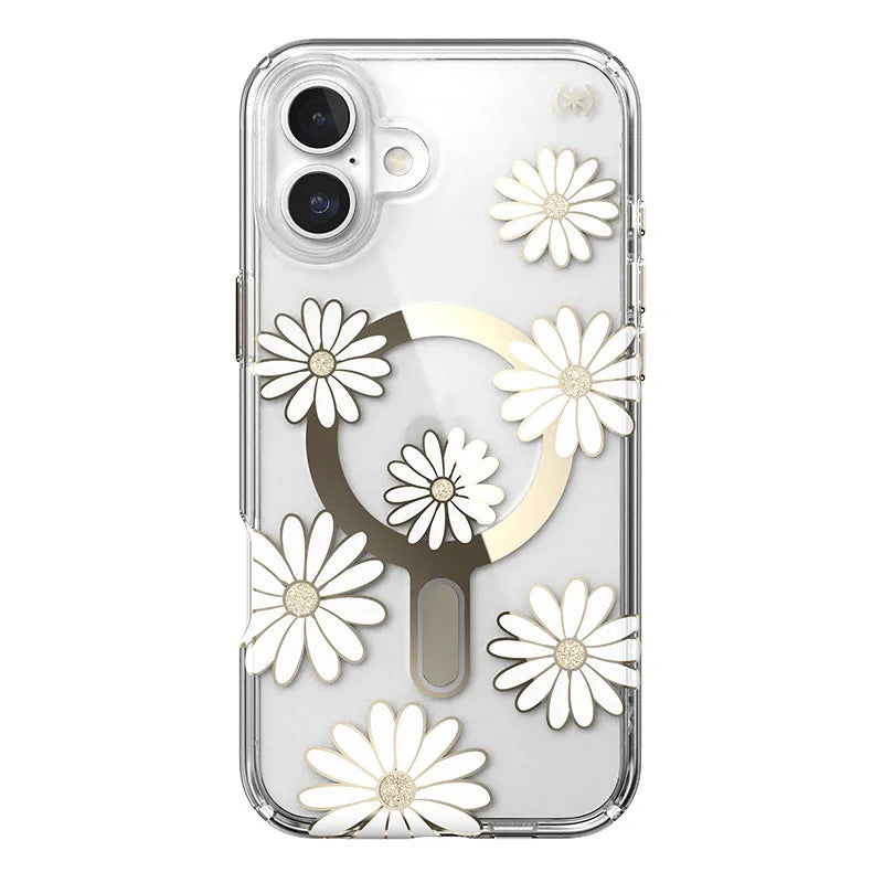 Speck Presidio Lux ClickLock & MagSafe - iPhone 16 Plus dėklas (Sunshine Daisies / Skaidrus / Auksinis)