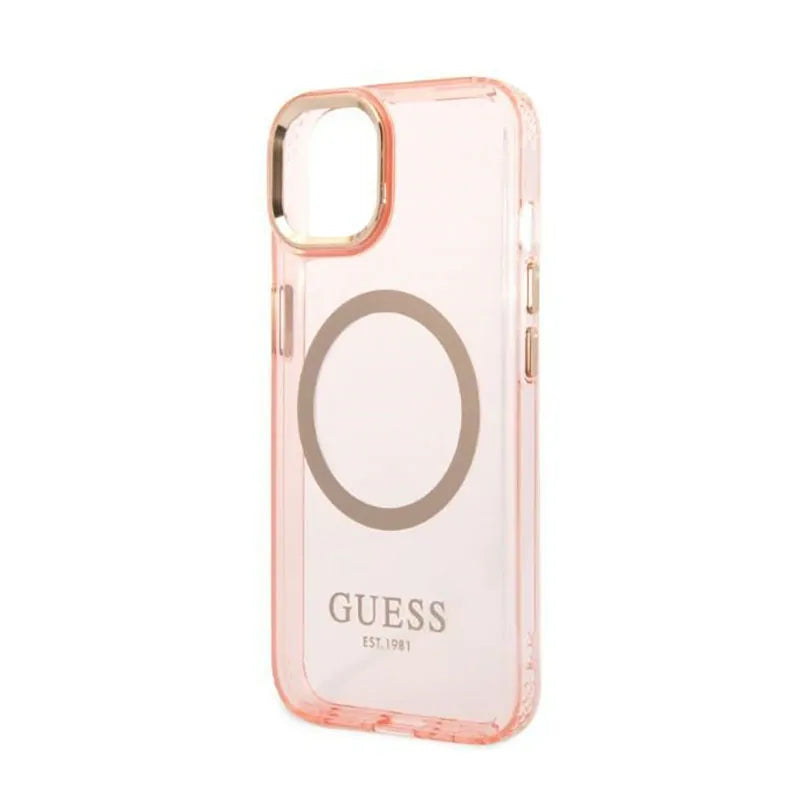 Guess Gold Outline Translucent MagSafe – dėklas iPhone 14 Plus (rožinis)